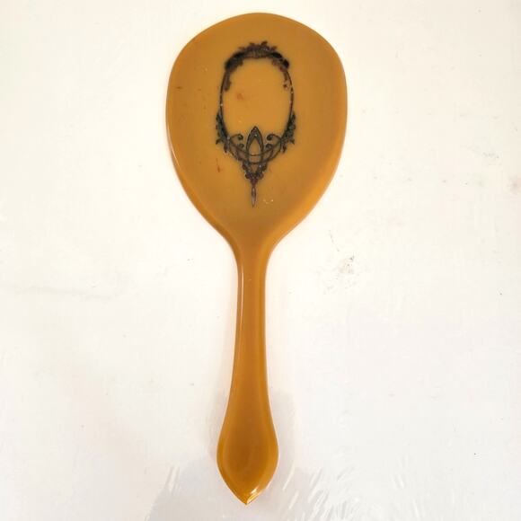 Vintage Art Deco Celluloid Mirror Hand Held Butterscotch Black Floral Fairy READ - Picture 1 of 8